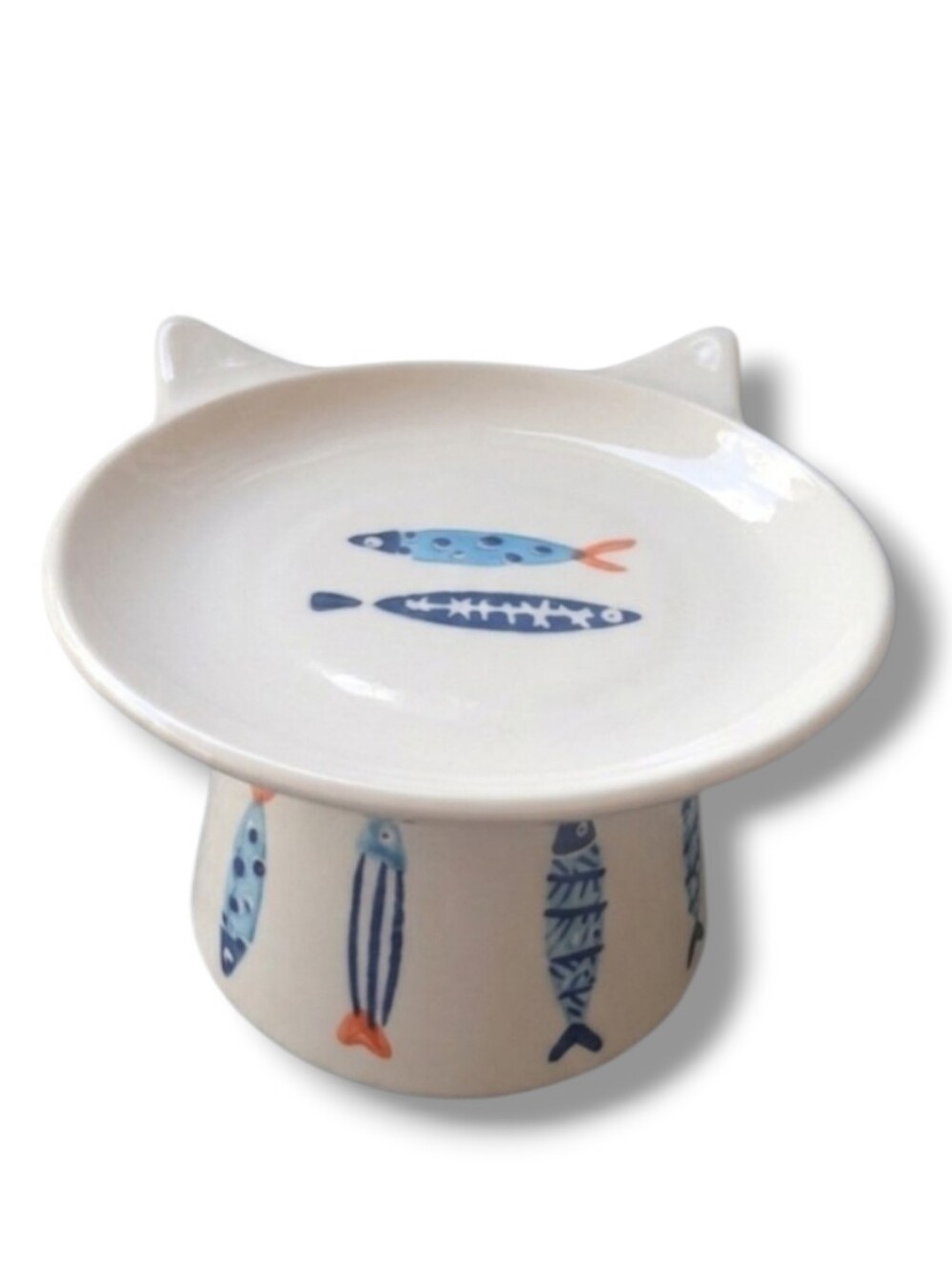 Ceramic Elevated Cat Bowl with Blue Fish Motif - White & Blue